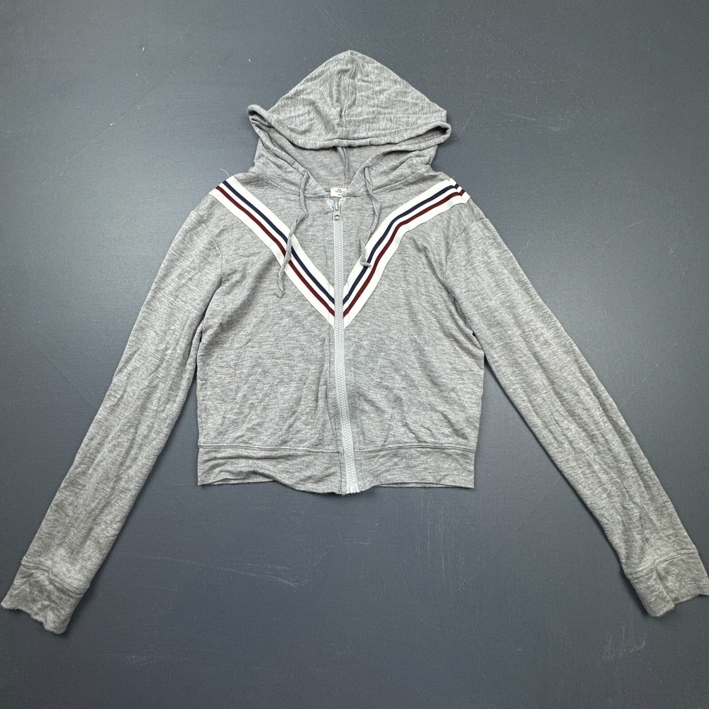 Ultra Flirt Women's Cropped Hoodie XS Gray Full Zip Striped Athletic Sweatshirt